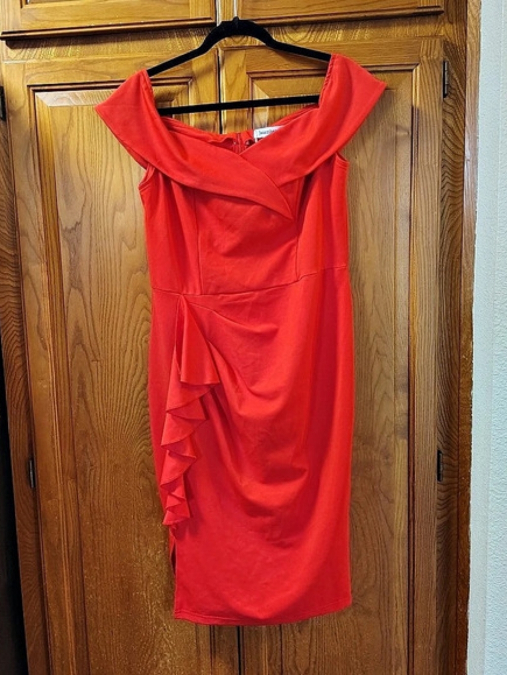 NWT Jasambac Red Women's Off Shoulder V Neck Ruched Bodycon Midi Dress Size L